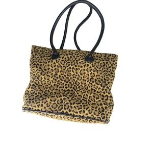 Collins of Texas Leopard Print Tapestry Tote Bag Black Trim Animal Print Bag